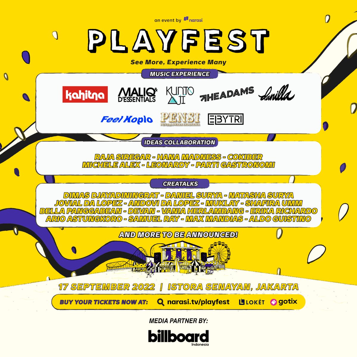bbi_daily's tweet image. Ini dia lineup yang akan hadir dan seru-seruan di Playfest 2022!🥳
Yuk, buruan beli tiketmu sekarang di narasi.tv/playfest, @loketcom dan @gotixindonesia, ya! 

See you on 17 September at Istora Senayan! | Playfest

#Playfest2022 #ReactivateYourSense