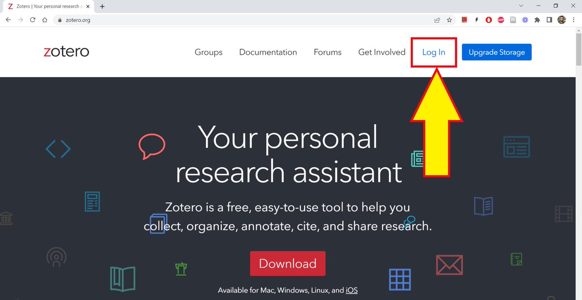 Zotero.org landing page. A yellow arrow points to "Log In."