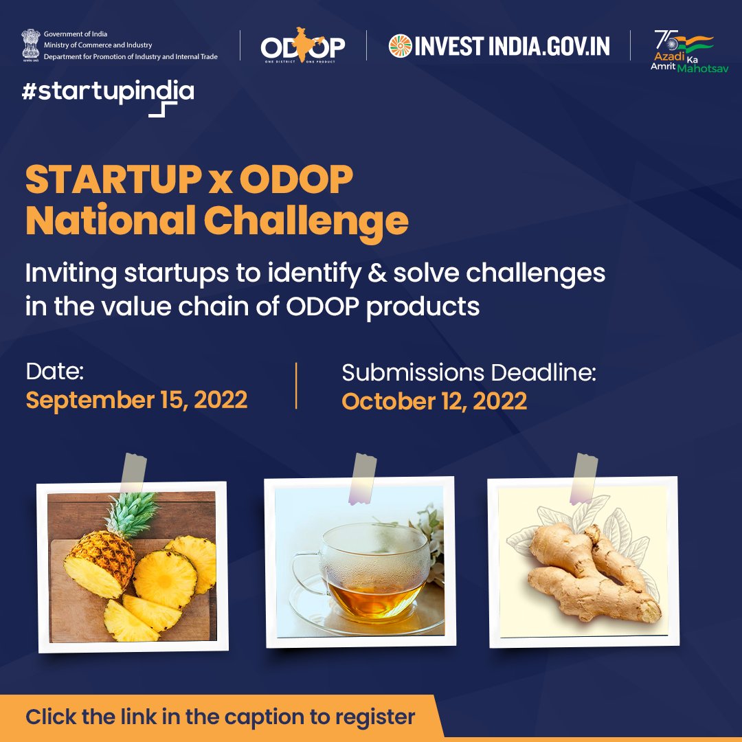 investindia's tweet photo. #InvestInIndia

Startup x ODOP National Challenge — Inviting innovators to identify challenges and provide solutions for aggregation, logistics &amp; packaging of the identified #ODOP products.

Know more: https://t.co/xnJUJf3hV0

#StartupIndia #OneDistrictOneProduct @SumitaDawra https://t.co/hvTJKmmfXV