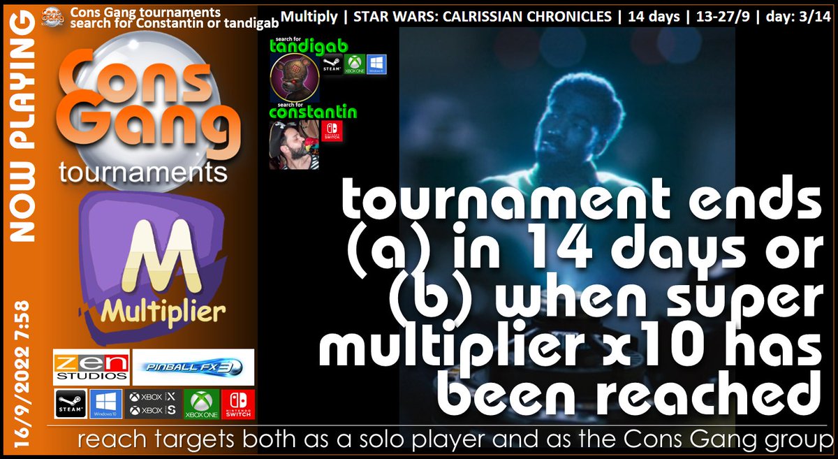 cons_gang's tweet photo. β MULTIPLIER | STAR WARS: CALRISSIAN CHRONICLES | 13-27/9 | day 3/14
CONS GANG |
search for Constantin ( #NintendoSwitch ) or
tandigab ( #Steam #Xbox #PlayStation #Windows )
#ConsGang #Multiplier #PinballFX3
www: https://t.co/hNDCnDwKsQ
discord: https://t.co/WD3MhKCG0P https://t.co/AUCwcMqfMB
