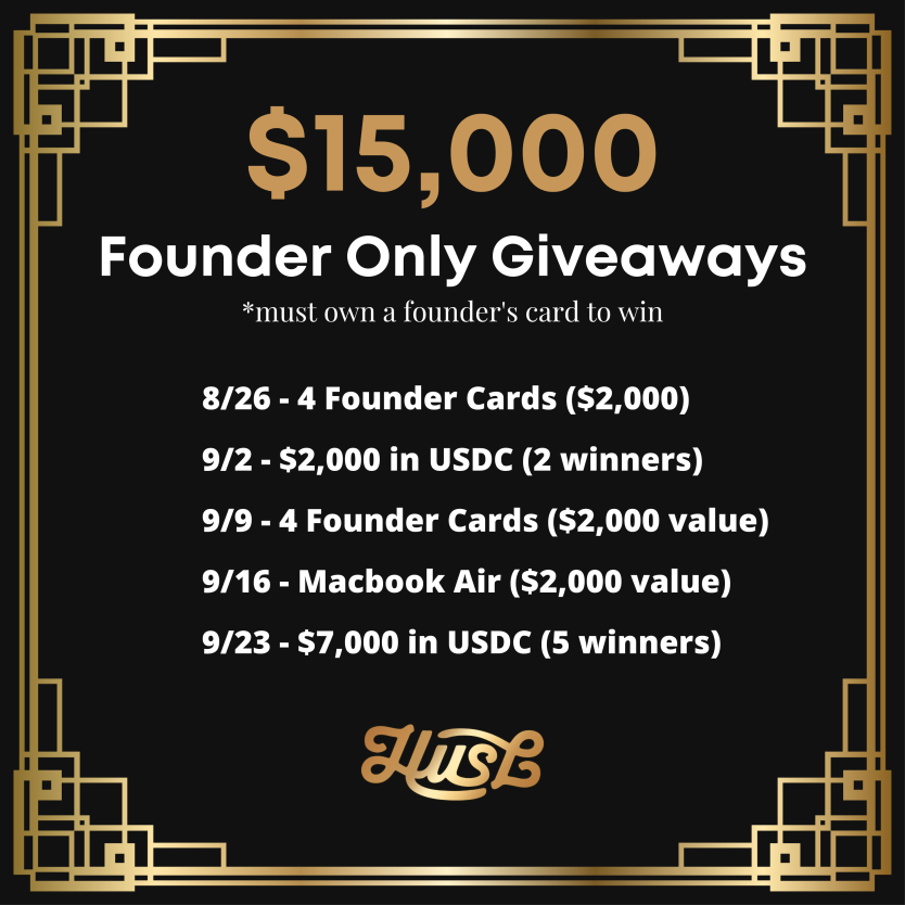 😪Don't get caught sleeping 💤

There's so much value with Husl's Founder's card. Follow the steps below to gain access to our Founders Only Giveaway 9/16 to win a Macbook Air ($2,000 Value) 👇

⏩Join the Discord discord.gg/huslnft
 ☑️ Win a GWL
💙 Mint a Founder's Card