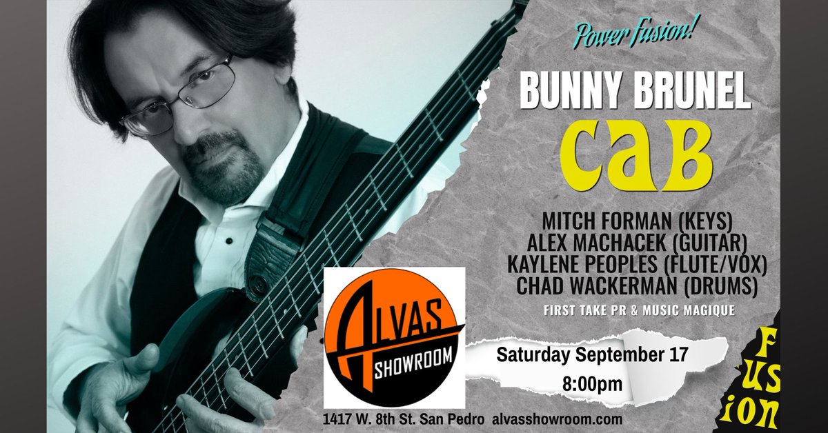 bunny_brunel's tweet photo. If you are in town on Sat., Sept. 17th, join me in concert at Alvas Showroom in San Pedro, CA, at 8pm with Mitch Forman (keys), Alex Machacek (guitar), Kaylene Peoples (flute/vox), and Chad Wackerman (drums). Visit: https://t.co/PGQbOunPXR for tickets. #firsttakepr #musicmagique https://t.co/Noqv4xMHdW