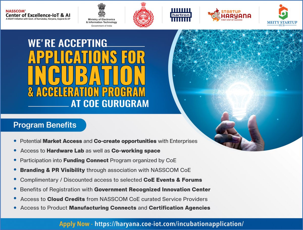 nasscomCoEIoT's tweet image. #ApplicationOpen
NASSCOM Center of Excellence - IoT &amp;amp; AI is inviting applications from the startups for onboarding to  Incubation and Acceleration program at Gurugram designed to be the Growth Enabler for Startups.

Apply -lnkd.in/dADFeJ4J

Reach us : Sudhanshu@nasscom.in