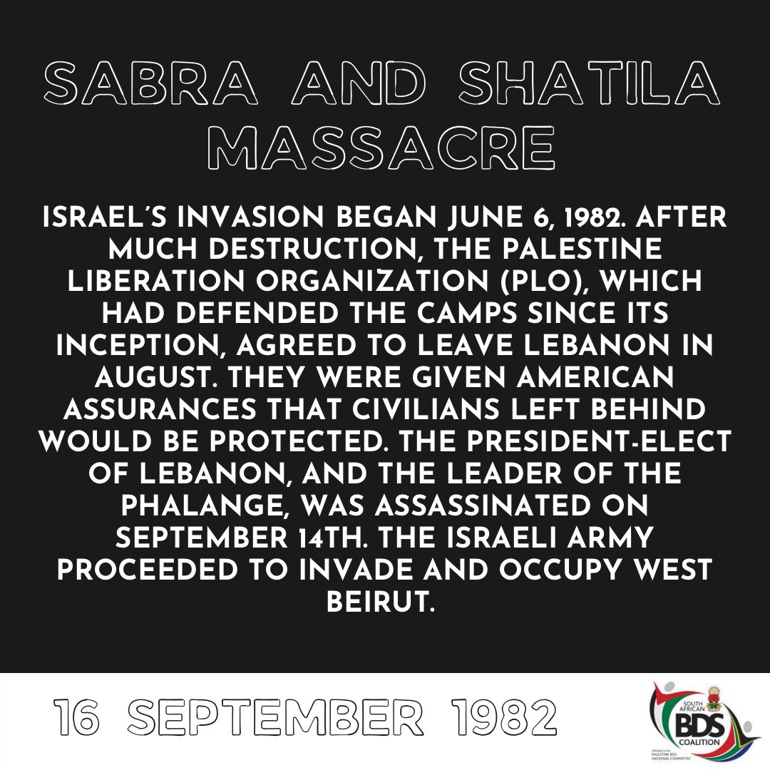 sabdscoalition's tweet photo. Remembering the Sabra and Shatila Massacre, 40 years later. 

Forward the struggle for a free Palestine, one to which the Palestinians in exile can return! ✊🏼🇵🇸 https://t.co/YhRThIUfDx