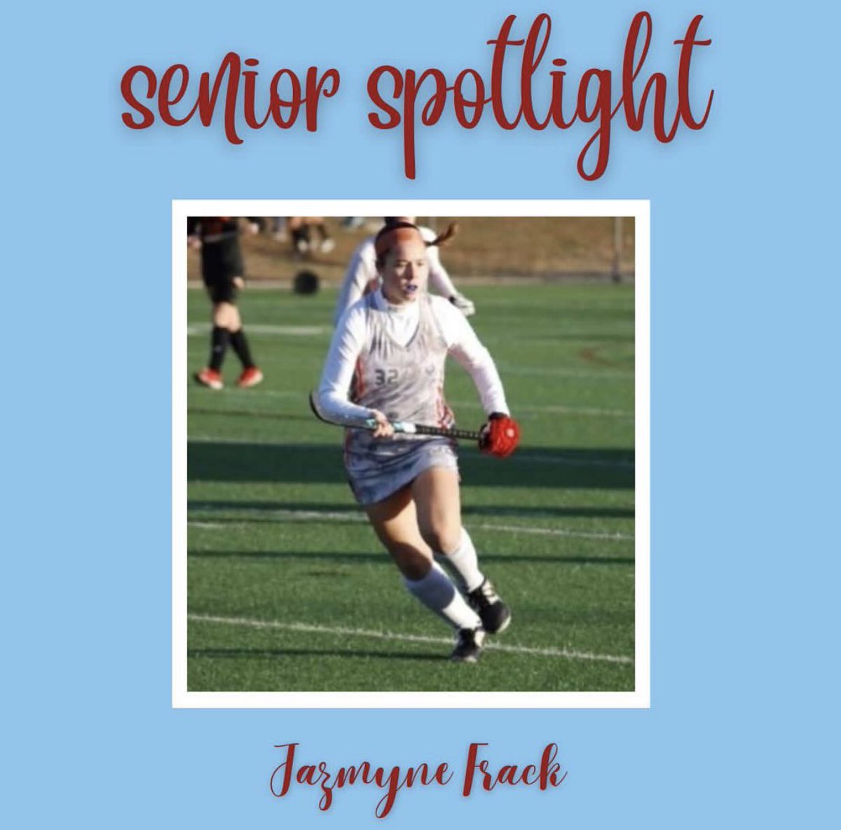 Representing our senior class, #17 Jazmyne Frack. A four-year varsity player, also one of our captains, Jazmyne leads with tremendous vocal presence and all-out hustle.  Also a member of the Liberty softball team, you can find her on the pitch as a defensive center mid! ❤️💙🏑