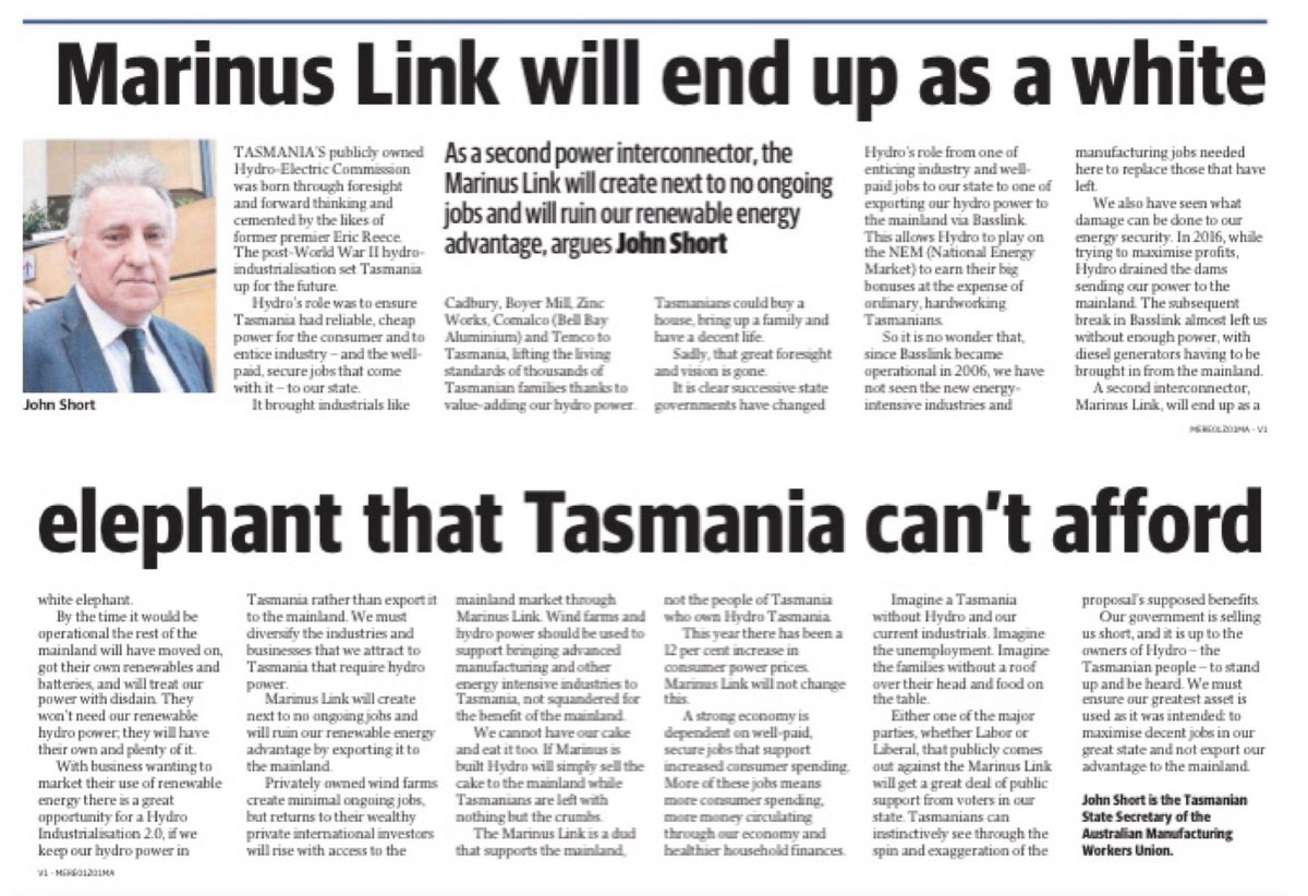 Let’s get Hydro working for Tasmanians again. Cracking read in today’s Mercury on why Marinus will benefit the mainland at the expense of new Tassie jobs and industry #politas