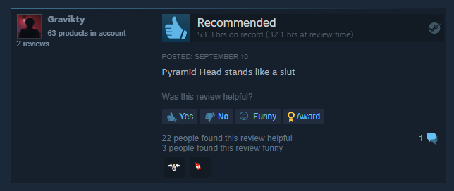 Boy do I love looking at game reviews sometimes.   #DeadbyDaylight #Steam #Vtuber https://t.co/qN8Uh<a href="/tag/steam"class="tags"><span>#steam</span></a><a href="/tag/deadbydaylight"class="tags"><span>#deadbydaylight</span></a><a href="/tag/vtuber"class="tags"><span>#vtuber</span></a>
