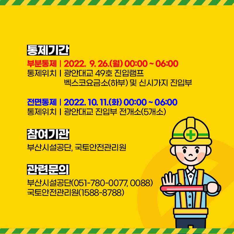 광안대교 정밀안전진단에 따라 교통통제 예정이오니 참고하여 주시기 바랍니다.
-부분통제 : 2022. 9. 26.(월) 00:00 ~ 06:00
✅통제위치 : 광안대교 49호 진입램프, 벡스코요금소(하부) 및 신시가지 진입부
-전면통제 : 2022. 10. 11.(화) 00:00 ~ 06:00
✅통제위치 : 광안대교 진입부 전 개소(5개소)