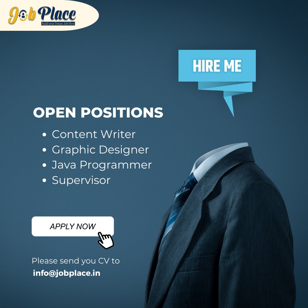 WE ARE HIRING 
> Content Writer
> Graphic Designer
> Java Programmer
> Supervisor
Apply Now :- jobplace.in
Send Your CV :- info@jobplace.in
#update #latest_job #today #hire #resume #opportunity #recruitment #hiring #job_seeker #digital_marketing