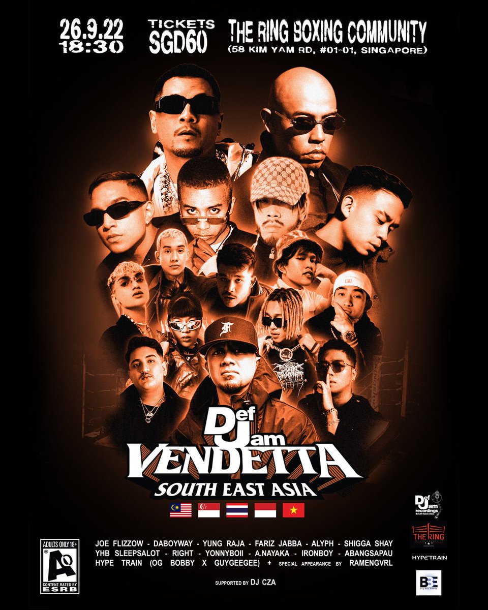 defjamsea's tweet photo. Def Jam South East Asia presents Vendetta, a night full of hip hop bangers featuring rappers from across South East Asia - Singapore, Malaysia, Indonesia, Vietnam and Thailand! 🇸🇬🇲🇾🇮🇩🇻🇳🇹🇭

Get your tickets NOW! ➨ https://t.co/ETEODKs7jz

#DJSEAVendetta https://t.co/dLH6RWFmeP
