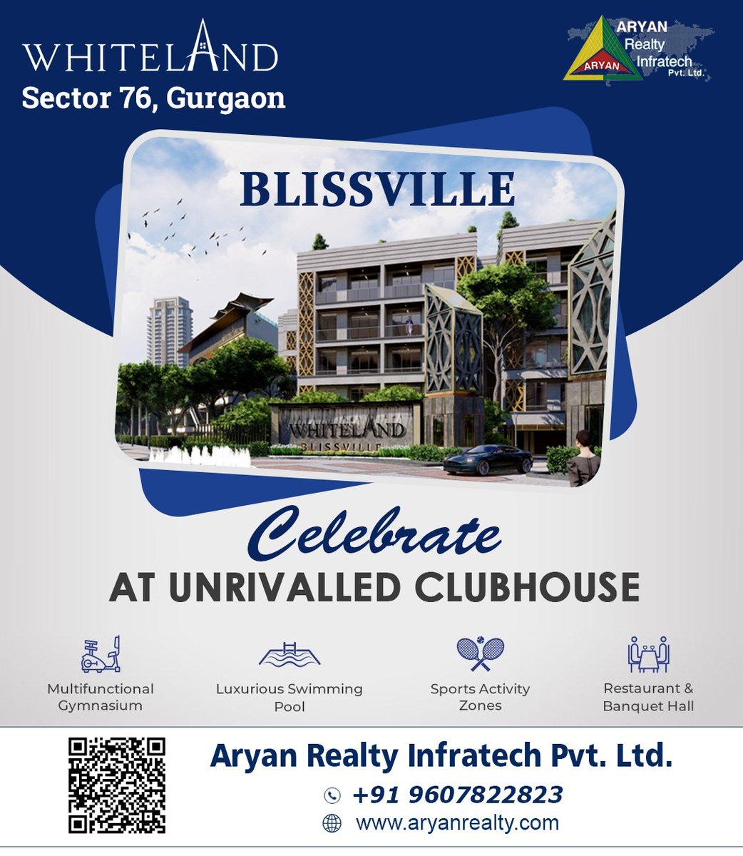 Whiteland Blissville Celebrate at unrivalled clubhouse

Multifunctional Gym
Luxurious Swimming Pool
Sports Activity Zones
Restaurant & Banquet Hall

#aryanrealtyinfratech #whiteland #Launches #Sector76  #architecture #luxury #homes #newhome #property #Gurgaon #Sector76Gurgaon