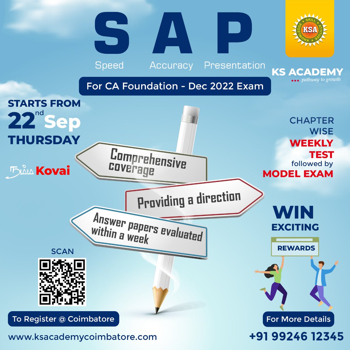 ksacademyca's tweet photo. Dear CA foundation Nov'22 Coimbarore Students,
📍📍Important Announcement📍📍
The SAP Exams for Nov'22 will commence from 22th September 2022 (Thursday).
Kindly register yourself using the below link
https://t.co/G8yWgGGMI3
#ksa #coimbatore #nammakovai #kovai #model #CAtest https://t.co/2pcRrxQ07v
