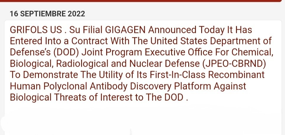 pharma_jonpi's tweet photo. #GRIFOLS #US . Su Filial #GIGAGEN Announced Today It Has Entered Into a Contract With The United States Department of Defense’s (#DOD) Joint Program Executive Office For Chemical, Biological, Radiological and Nuclear Defense (#JPEO_CBRND)...
https://t.co/czBHeUO3LY #ibex #biotest https://t.co/BQZgfeX12y