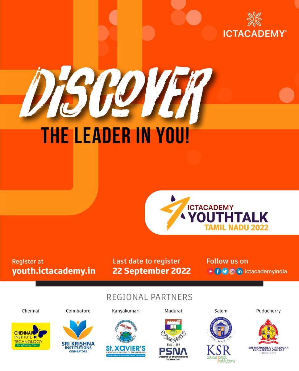 ictacademyindia's tweet photo. Discover The Leader In You!
ICT Academy Youthtalk 2022 – The Massive Talkathon of India!
Last date to register: 22 September 2022
Register now: https://t.co/7b1YHf8KJC
#ictacademyindia #YouthTalk2022 #Talkathon #speechcompetition #talkingcompetition #YouthChallenge #bhfyp https://t.co/qV7xmwtKYp