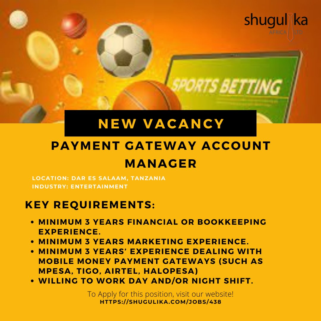 Shugulika's tweet photo. Vacancy: Payment Gateway Account Manager
Click on the link to apply: https://t.co/zk6DQahPB4
Only shortlisted candidates shall be contacted.
@Shugulika Africa Limited
#shugulika #vacancy #jobs #jobsdsm#jobstanzania #marketing #sports #keyaccount #Bet https://t.co/p2miIyKSsv