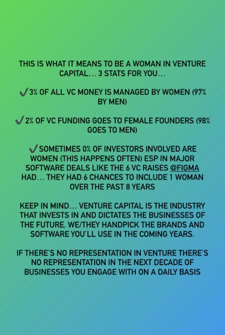 Erica_Wenger's tweet photo. Made an IG story b/c I got some q’s from non-VC friends about my “0 women in @figma deal” IG story

I put stats together about what it’s like to be a woman in tech

We aren’t setting ourselves up to build the best future possible w/ stats like these

3%, 2%, 0%… come on https://t.co/GeRBUYrJBE