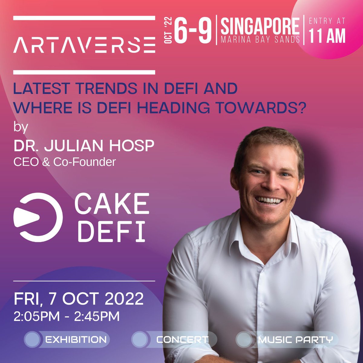 Cake was founded in the beginning of 2019 by Dr. Julian Hosp and U-Zyn Chua to solve major financial pain points in people’s lives. They are innovators from diverse backgrounds and industries.

We're proud to have Dr. Julian Hosp join ARTAVERSE for our seminar!