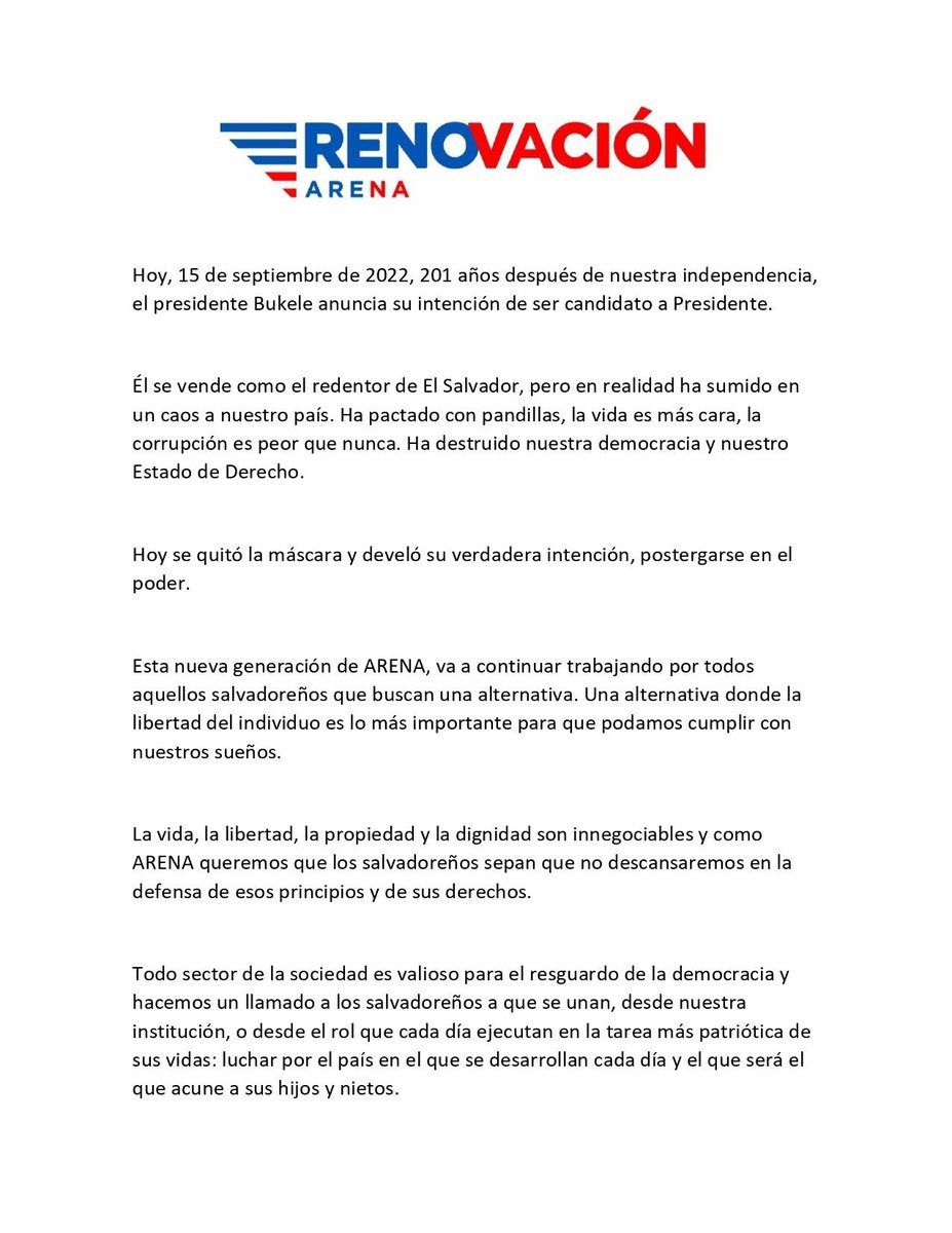 ARENAOFICIAL's tweet photo. Ante el anuncio del presidente de querer buscar la reelección, Alianza Republicana Nacionalista comunica: https://t.co/8xlqCpe92j