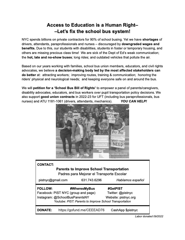 pistnyc's tweet image. Upcoming community events where you can look for 
(or help give out - DM us) flyers about School Bus rights while also having fun 
#WheresMyBus