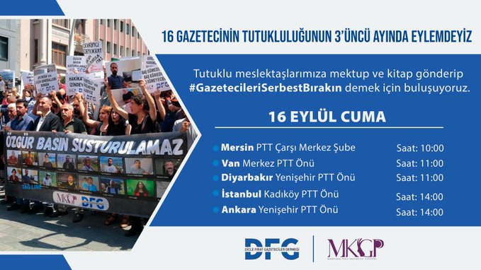 Gazetecilerin tutukluluklarının 3. ayında @DFGDernegi ve @mkgplatform çağrısıyla bugün, gazetecilerle dayanışmak için 5 farklı şehirden gazetecilere mektup ve kitap gönderilecek.