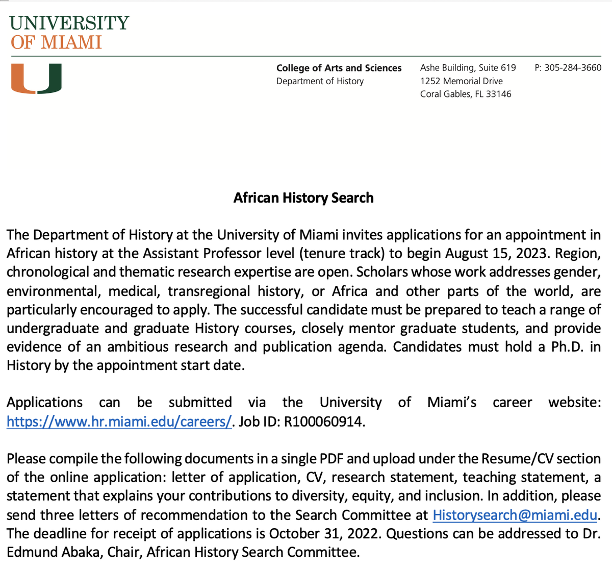 DominiqueReill's tweet image. JOB: Tenure-track job in African History: region, theme, time OPEN. I think most know how much I love my department at @UMiamiHistory: great colleagues, students, energy. Join us! Reach out if you have questions! Check out our dept: history.as.miami.edu
