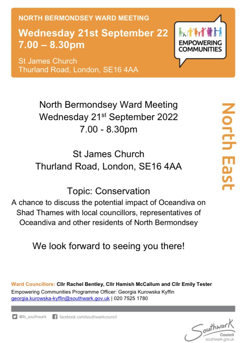 North Bermondsey residents - please see details of our rescheduled ward forum next Wednesday Sept 21st. We will be discussing the potential impact of Oceandiva on the area. @EmilyTesterLD @HamishMcCallum