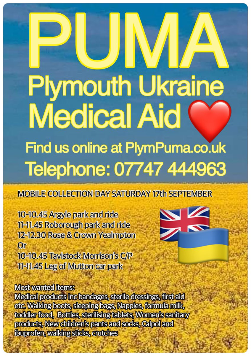 PUMA4Ukraine's tweet photo. Our mobile collections are happening this Saturday 17 Sep. We need your help so that we can help Ukraine. #Plymouth #Tavistock #Yelverton #Yealmpton #HomePark #PAFC #Roborough #Ukraine #UkraineWar #HelpUkraine #MedicalAid #Weekend #FridayFeeling #Friyay https://t.co/vM7L2bSi0G