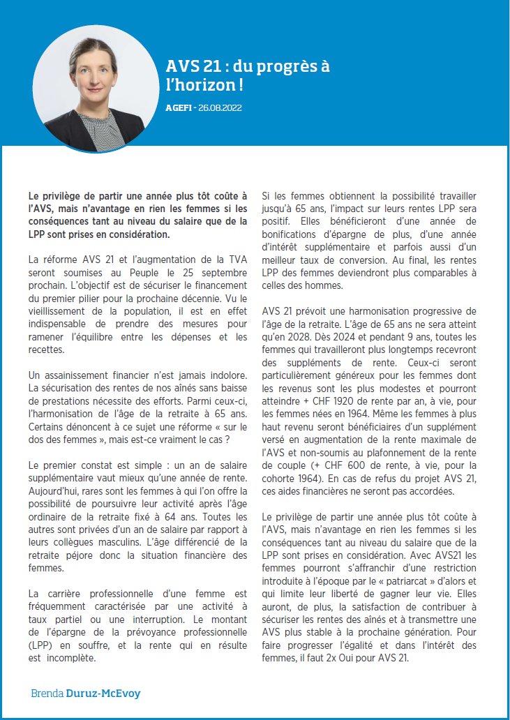 Centre Patronal (@centrepatronal) on Twitter photo "Avec #AVS21 les femmes pourront s’affranchir d’une restriction introduite à l’époque par le « patriarcat » d’alors et qui limite leur liberté de gagner leur vie."
Découvrez l'analyse de Brenda Duruz-McEvoy pour l'<a href="/Ageficom/">AGEFI Suisse</a>, à propos de la votation sur l'#AVS.
#votations #rentes "Avec #AVS21 les femmes pourront s’affranchir d’une restriction introduite à l’époque par le « patriarcat » d’alors et qui limite leur liberté de gagner leur vie."
Découvrez l'analyse de Brenda Duruz-McEvoy pour l'<a href="/Ageficom/">AGEFI Suisse</a>, à propos de la votation sur l'#AVS.
#votations #rentes