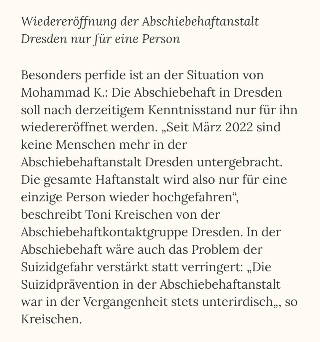 vuecritique's tweet photo. Obwohl Mohammad K. vom künftigen "Chancen-Aufenthaltsrecht" profitieren würde, will ihn die sächsische Justiz zuvor abschieben. Dafür soll in #Dresden extra die Abschiebehaftanstalt wiedereröffnet werden, die seit März 2022 geschlossen war. #dd1609
https://t.co/Ny42qR90Bk
1/2 https://t.co/mm7bZ0e7DO