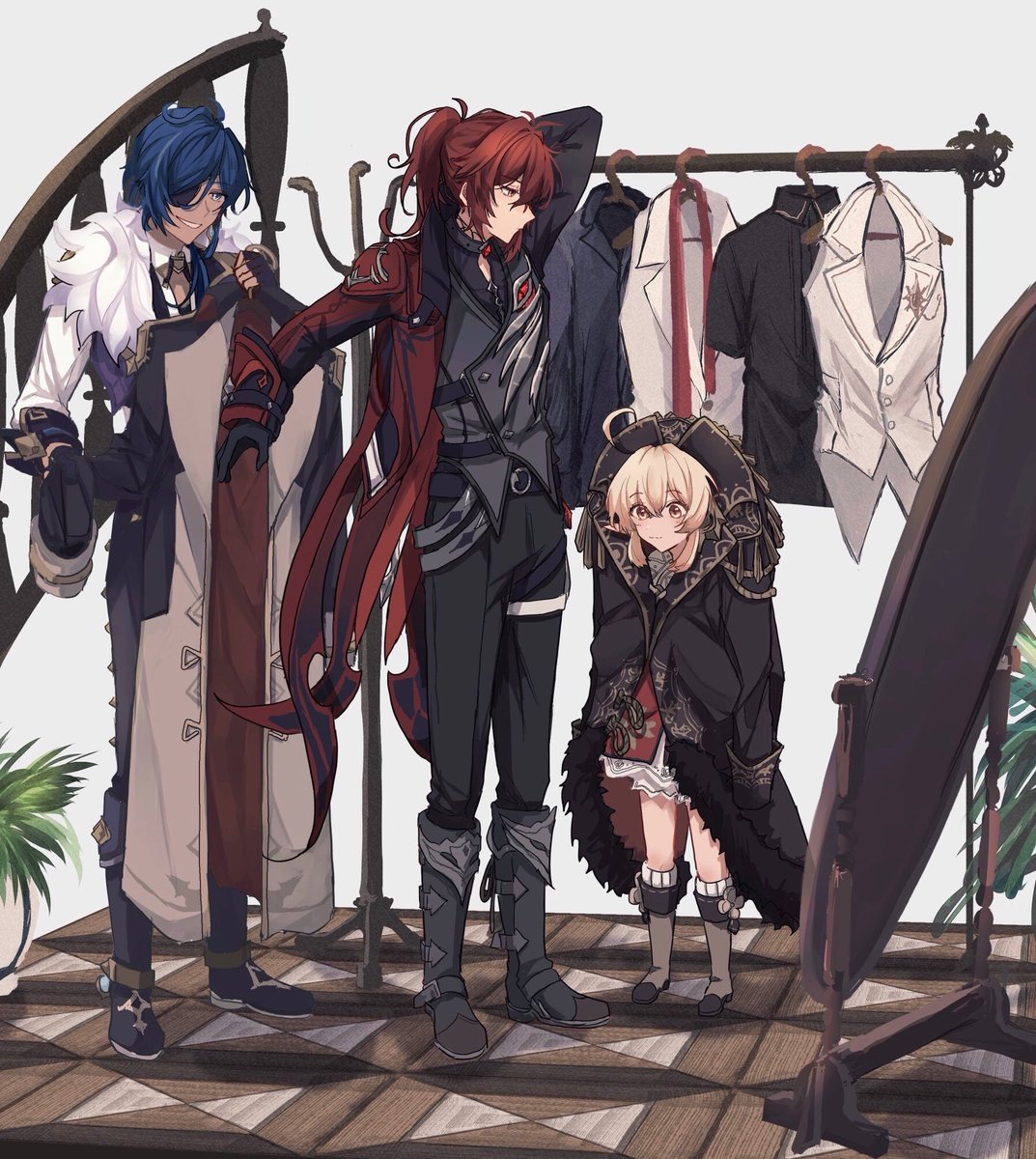 diluc (genshin impact) ,kaeya (genshin impact) ,klee (genshin impact) 1girl multiple boys bangs pants black pants 2boys standing  illustration images