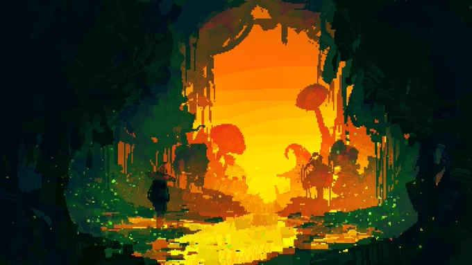 Pixel art is SO COOL and  makes some of the coolest stuff I've ever seen. Look at those COLOURS!! The compositions are so pleasing to look at and everything about her style in general is so unique and funky 