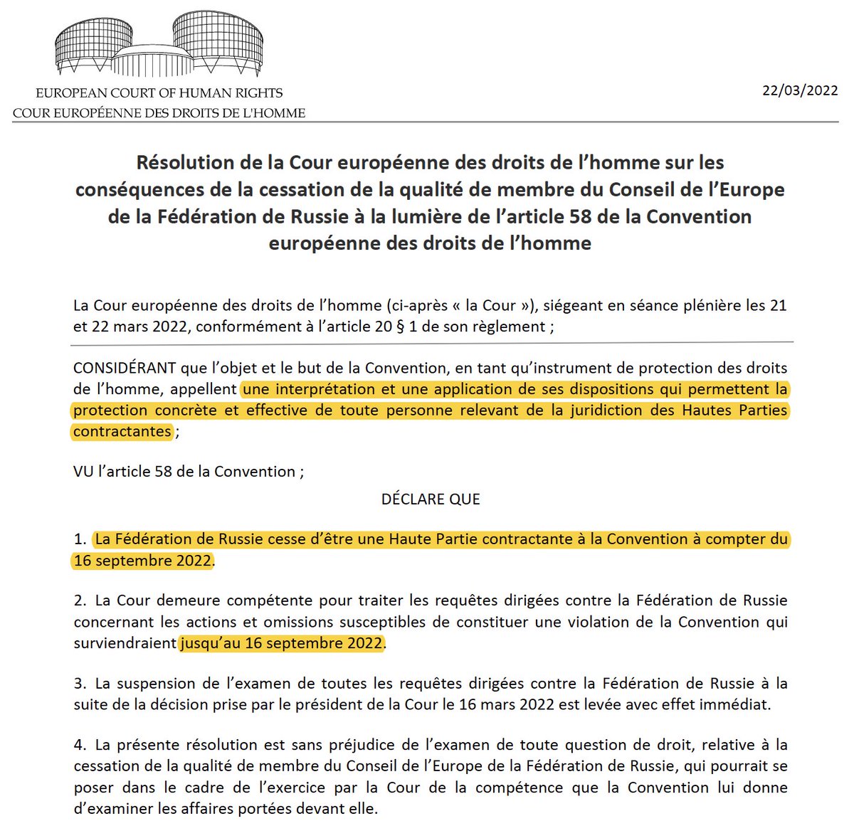 Jour historique : Ce 16 septembre 2022, la #Russie cesse d'être un Etat partie à la Convention européenne des droits de l'homme.

Six mois après l'exclusion de la Russie par le <a href="/coe/">Council of Europe</a>, 144 millions de Russes sont désormais privés de l'ultime &amp; précieuse protection de la #CEDH.