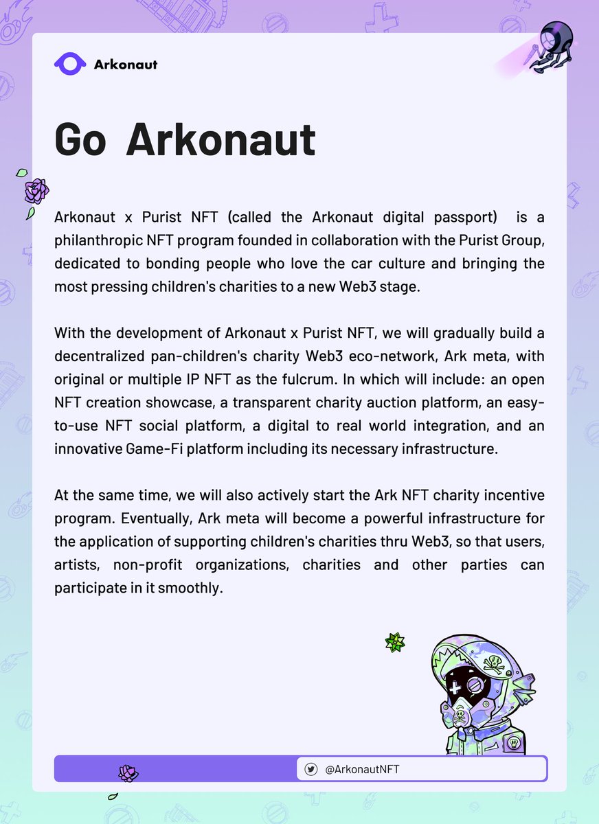soulsslss's tweet photo. Meet Arkonaut!🚀🚀🚀

We are proud to officially announce our collaboration with the great #puristgroup ✨✨✨

Let’s bond people who love the #car culture and bringing the most pressing #children's charities to a new Web3 stage🎉🎉🎉 https://t.co/ZeFXxC06AR