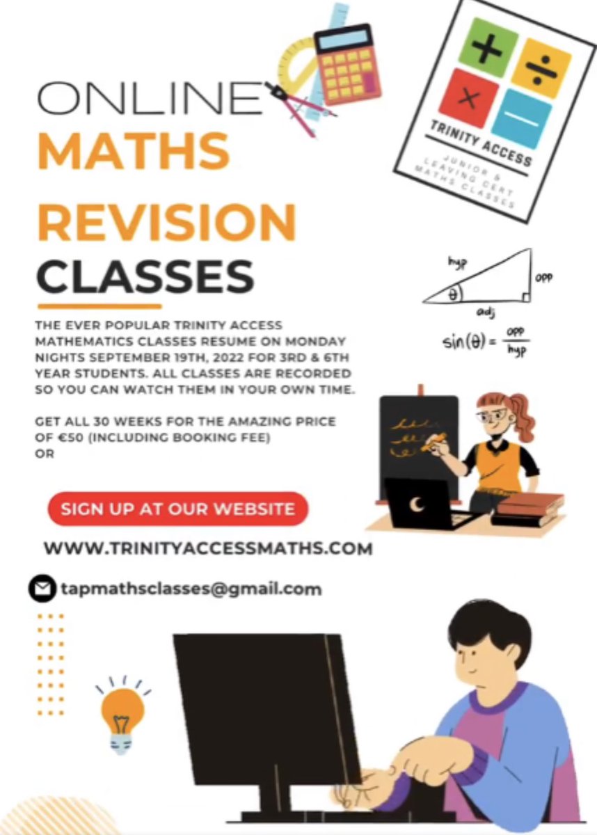 Trinity Access Junior and Leaving Cert Higher level maths revision classes start Monday Sept 19th. 7pm - classes recorded. trinityaccessmaths.com
Best to sign up with a laptop/PC. <a href="/Ceist/">Ceist</a> <a href="/Colaistebride/">Coláiste Bríde D22</a> <a href="/lecheiletrust1/">Le Chéile Schools Trust</a> <a href="/accsirl/">ACCS</a> <a href="/ETBIreland/">ETBI</a> <a href="/ImtaBrendan/">Brendan O'Sullivan 🇮🇪🇪🇺</a> <a href="/moylepark/">Moyle Park College</a> <a href="/LccAssoc/">LCC parents assoc</a> <a href="/NPCpp/">National Parents Council Post Primary</a>