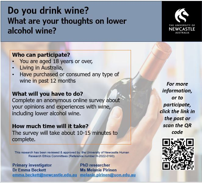 Do you drink wine? If so, you can help with a research study by sharing your opinions &amp; experiences of wine, including lower alcohol wines. 
The survey should only take 10-15 mins. bit.ly/lowalcoholwine or scan the QR code in the image for more information &amp; to participate.