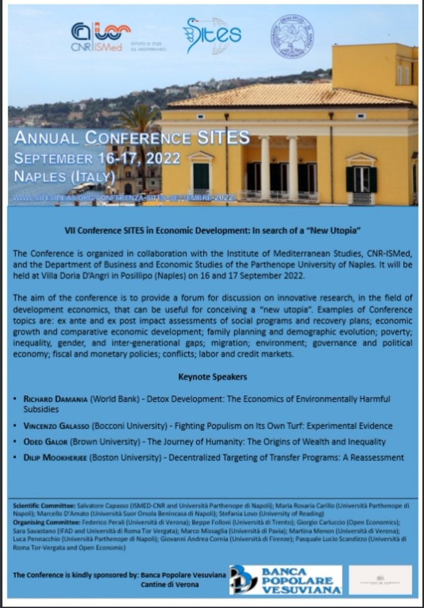 DISAEparthenope's tweet photo. Pleased to host the VII Annual Conference #SITES 16-17 Sept 2022 at Palazzo Doria D'Angri. Keynote speakers: Richard Damania @vingalasso @GalorOded Dilip Mookherjee - @Sites_DevEcon #DISAE #ISMedCNR #EconTwitter Follow the conference at https://t.co/nr90HifzpL https://t.co/L385UqkUyB
