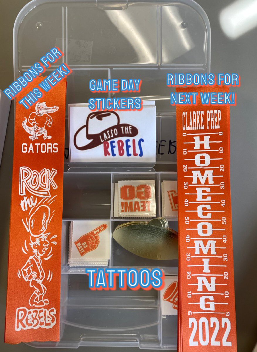 ClarkePrepCheer's tweet photo. Game Day Ribbons, Tattoos, &amp; Stickers are ready! *Love next week’s ribbon!* 🧡🐊📣 #CPS #GatorsCheer #LassoTheRebels #GoGators https://t.co/V52vlOmhh8