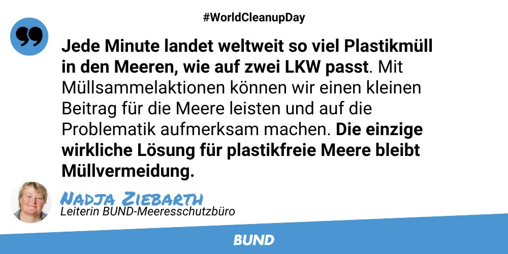 Zum #WorldCleanupDay am 17.9 fordert wir die #BuReg auf, bei Umsetzung der #EU-#Einwegplastik-Richtlinie nachzubessern. Dazu gehört, #Mehrweg auf alle Verpackungen anzuwenden sowie absolute und verbindliche #Einweg-#Reduktionsziele festzulegen. 

▶️ bund.net/service/presse…