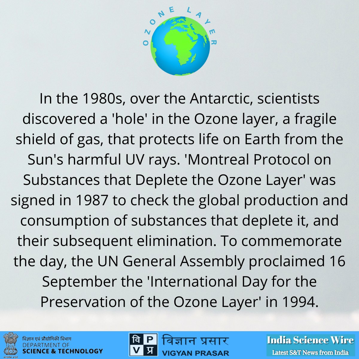 indianscinews's tweet photo. Today is International Day for the Preservation of the Ozone Layer.
#OzoneDay #OzoneLayer #saveEarth
#indiasciencewire https://t.co/zRUadp23uy