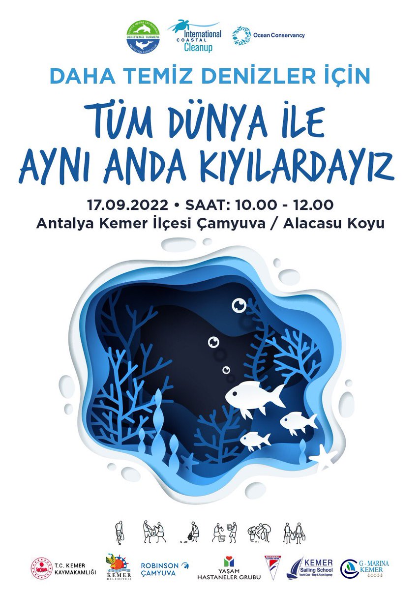 Uluslararası Kıyı Temizleme Etkinliklerine son 1 gün! 🔔 
Etkinliğe hepinizi bekliyoruz! 
#ICC2022 #DenizVarsaHayatVar #SeaTheChange #InternationalCoastalCleanUp #AlacasuKoyu #Kemer #Çamyuva #17Eylül #Cumartesi