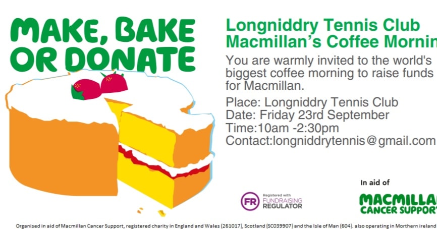 Please come along. Home baking donations welcome on day. <a href="/LothianLoop/">Lothian Loop - East Lothian - Scotland</a> <a href="/eostennis/">East of Scotland Tennis</a> @MacmillanScot