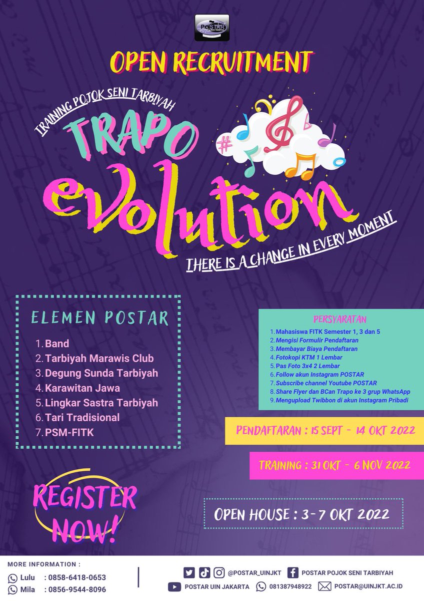 postar_uinjkt's tweet photo. [OPEN RECRUITMENT TRAPO EVOLUTION 2022]

Assalamualaikum Warahmatullahi Wabarakatuh
Salam seni Mahasiswa/i FITK💜🖤

Masih ingat kenangan PBAK bersama POSTAR ❓
Tertarik ingin bergabung dan berproses bersama POSTAR❓

Tak perlu khawatir... https://t.co/RIqcFwyqjp