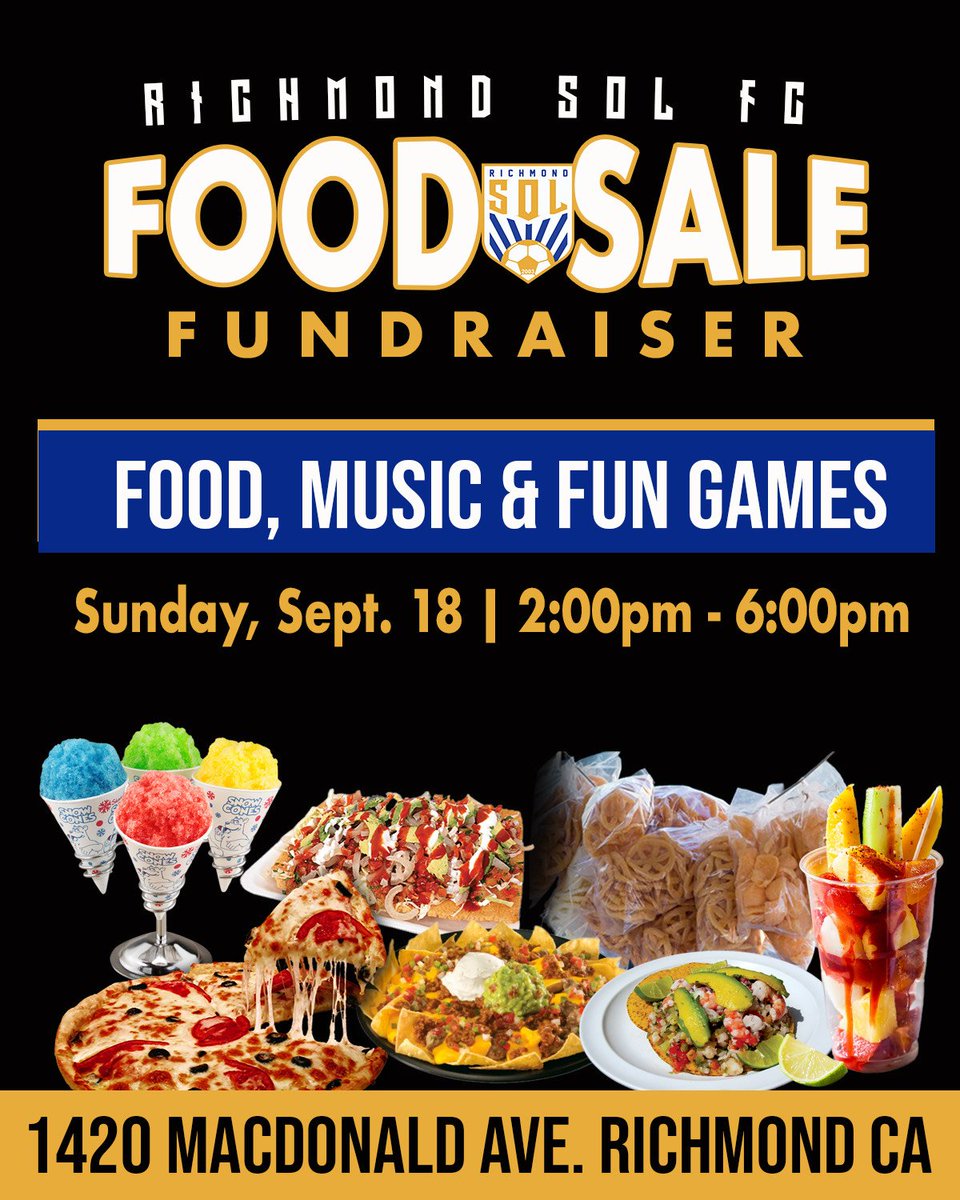 Richmond SOL's #youthsoccer teams are selling food and drinks to raise funds for equipment and tournaments. Sunday 9/18, 2-6 pm, 1420 Macdonald Ave #richmondcalifornia. Stop by and support #youthsports! #vamosrichmondSOL