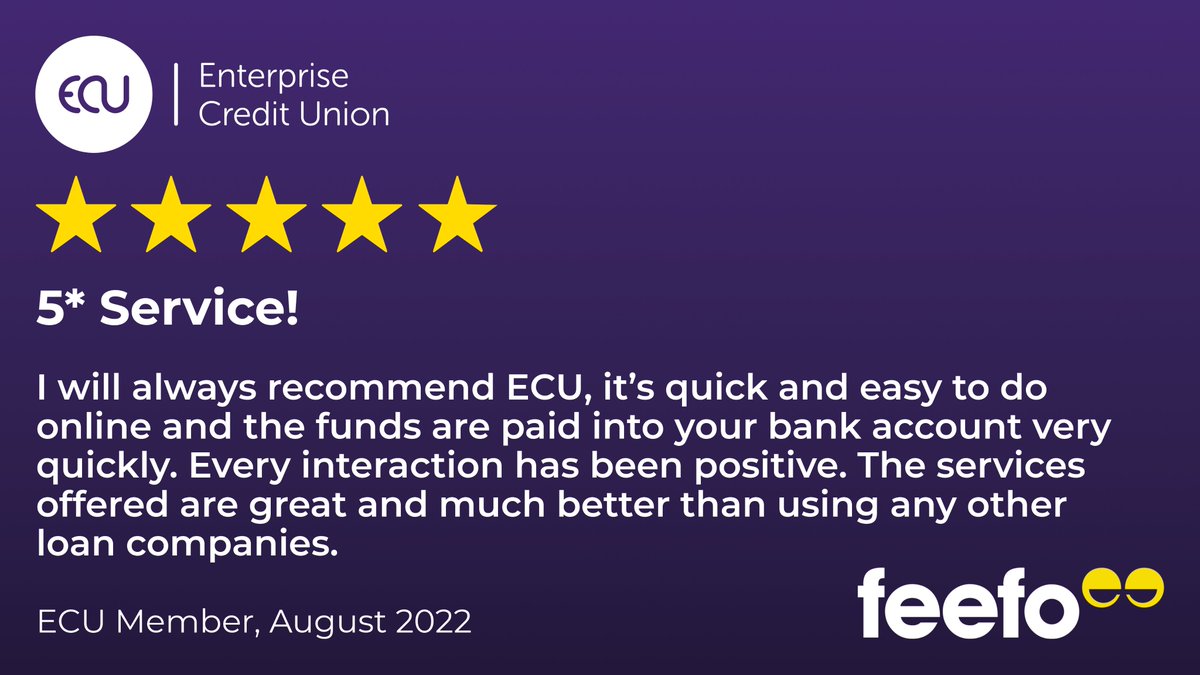 #FeefoFriday
This is what we do everyday..... for everyone!
Find out more on how as an Employer and your Employees can benefit and be part of our excellent company Enterprise Credit Union #FinancialWellbeing #FinancialResilience #StaffBenefit
lnkd.in/eSNMaFj5