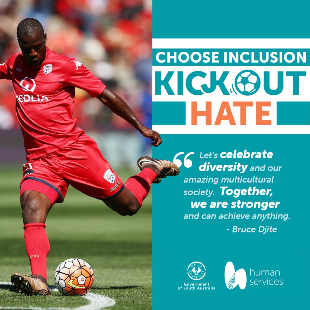 HumanServicesSA's tweet photo. TOMORROW! Join us for our #KickOutHate Soccer Tournament. A day of fun, food, football &amp; hear from former @AdelaideUnited &amp; Socceroos player @BDjite!

🗓 Sat, 17th, 9:30am - 3:30pm

📍 State Centre for Football, Matildas Drive (Cnr Briens Rd), Gepps Cross.

#HumanServicesSA https://t.co/bT0PMIH7ym