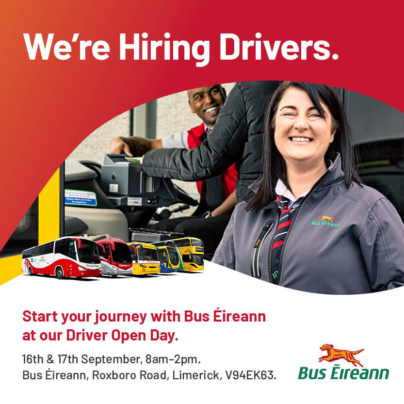 Buseireann's tweet photo. We’re hiring full-time &amp; part-time drivers in Limerick.
Come to our Open Day on 16 &amp; 17 Sept from 8am to 2pm, at Bus Éireann, Roxboro Road.
To find out more, visit https://t.co/tydCCQ3Fbh
@Live95fmNews @ilovelimerick @Limerick_Leader  @limerickpost @limerick  @TippFM @ClareFM https://t.co/k14N3kbxmr