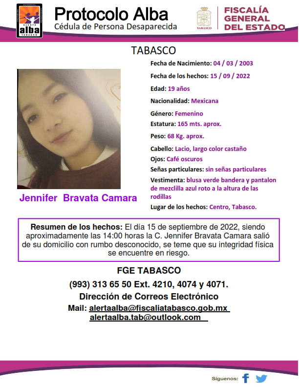 BDPersonasTAB's tweet photo. Alerta Alba Tabasco, solicita su colaboración, para difundir cédula emitida a favor de la C Jennifer Bravata Camara,  tu ayuda es importante. #Comparte https://t.co/SXHzqlQjC5