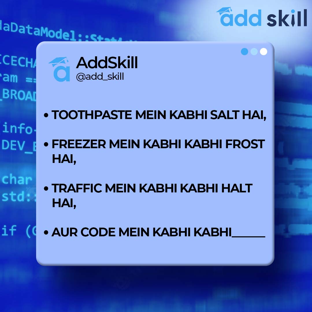 add_skill's tweet image. The best comment will be pinned.
.
.
.
#addskill #CodingClassroom #codingisforeveryone #java #react #reactjs #learncoding #programming #codingisfun #coding #training #placement #jobs #skillup #fullstackdeveloper #fullstackdev #frontenddeveloper #backenddeveloper #education #coder