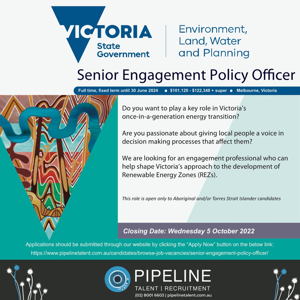 Are you passionate about helping Victoria address climate change by transitioning to renewable energy sources? This could be the role for you!

For more information and/ or to apply, please click the below link to be directed to our website: 
pipelinetalent.com.au/candidates/bro…