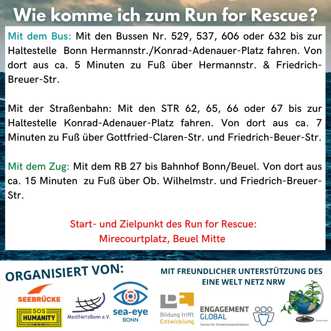 Seebruecke_Bonn's tweet photo. In zwei Tagen ist es soweit: Der #RunForRescue 2022 findet in #Bonn statt! Wir freuen uns schon und hoffen viele von euch dort zu sehen. Los geht es am Mirecourtplatz auf der Beueler Rheinseite. Wir haben euch eine kleine Wegbeschreibung zusammengestellt.
#Seenotrettung https://t.co/jN1u9jBW0x